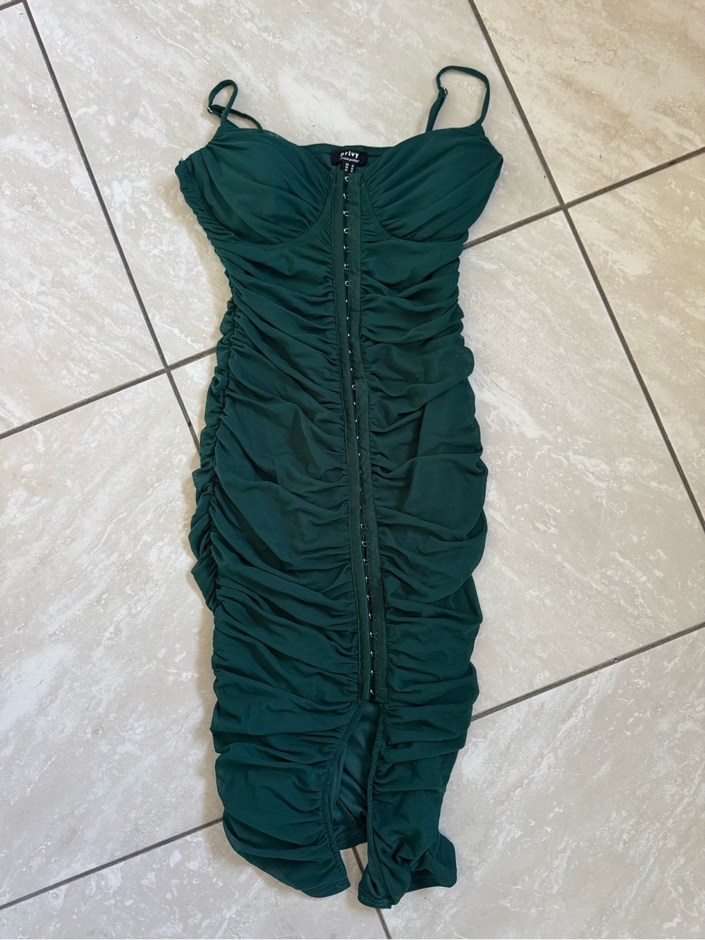 privy Deep Green Ruched Midi Dress with Front Buttons - Picture 3 of 9